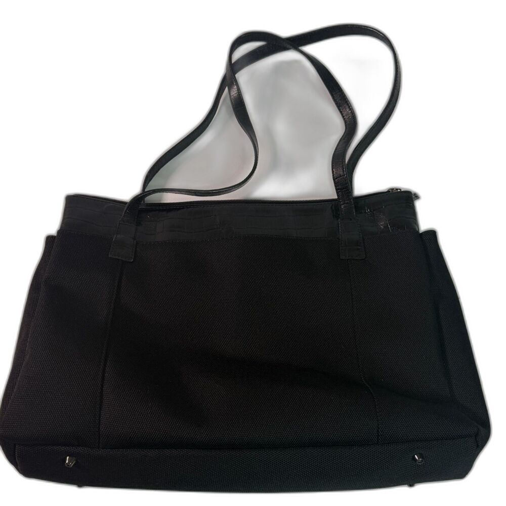 The Maxx New York | Black Embossed Croco Leather Trim Tote with Tartan Lining